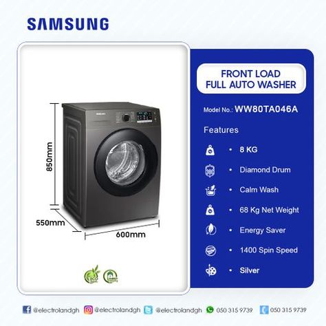 SAMSUNG 8KG FRONT LOAD FULL AUTO WASHER WASHING MACHINE '05774 GHS 9,794.00 How to order 1. For Cash on Delivery in selected locations, send me your Name, Phone Number and Location 2. Or if you want to make payment now, use my payment link below: https://myduke.co/eda4d039-ced8-4048-91fc-2d6591892668 Washing Machine Dimensions, Samsung Washer, Samsung Washing Machine, Top Load Washing Machine, Energy Saver, Front Load Washer, Washer And Dryer, Phone Numbers, Phone Number