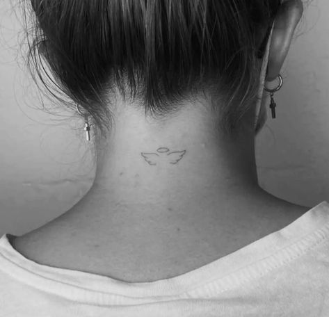 Back Of Neck Angel Wing Tattoo, Wings Tattoo Back Of Neck, Angel Tattoo Behind Ear, Body Peircings, Wing Neck Tattoo, Tattoos Behind The Ear, Angel Wing Tattoo, Angel Wings Halo, Halo Tattoo