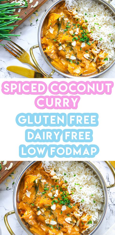 gluten free spiced coconut chicken curry recipe Gluten Free Coconut Chicken, Coconut Chicken Curry Recipe, Chicken Coconut Curry, Gluten Free Spices, Fodmap Chicken, Fodmap Recipes Dinner, Low Fodmap Chicken, Low Fodmap Recipes Dinner, Coconut Chicken Curry