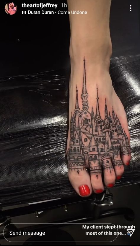 Small Castle Tattoo, Fortress Tattoo, Gothic Castle Tattoo, Ruins Tattoo, Hogwarts Castle Tattoo, Cathedral Tattoo, Toe Tattoos, Scene Tattoo, Castle Tattoo