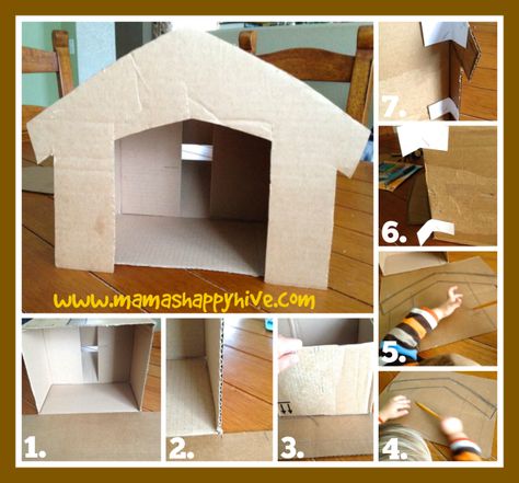 Cardboard Stable Cardboard Stable Nativity, Cardboard Manger Diy, Nativity Stable Diy Cardboard, Diy Nativity Scene For Church Play, How To Make A Manger, Cardboard Nativity Scene Diy, Nativity Stable Diy Outdoor, Cardboard Nativity Scene, Cardboard Manger