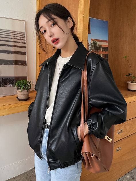 DAZY Slant Pockets PU Leather Jacket | SHEIN Womens Leather Jacket Outfit, Black Leather Jacket Outfit, Jacket Outfit Women, Pu Jacket, Pu Leather Jacket, Leather Jacket Outfits, Stil Elegant, Casual Vest, Elegantes Outfit