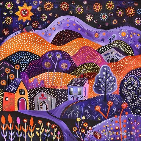 Purple Night by Neika Shimm Designs | Redbubble Magical Landscape, Folk Art Floral, Purple Night, Whimsical Flowers, Floral Landscape, Folk Art Flowers, Bird Houses Painted, Whimsical Wonderland, Flowers Purple