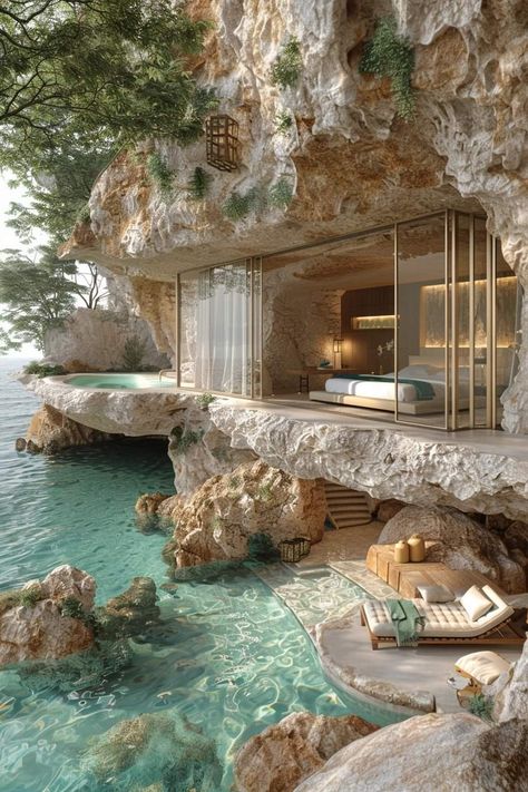 Water House Design, Water House Aesthetic, Houses On Water, Extraordinary Houses, Coolest Houses, Dream Bedroom Inspiration, Fairytale House, Rock House, Cliff House