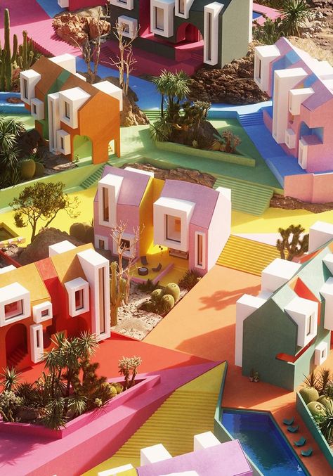 while the houses are situated at random, each corresponds with its own colorful pathway. Ricardo Bofill, Interior Design Minimalist, Corner Piece, Art Village, Colorful Space, Colourful Buildings, Japanese Sweets, Big Dreams, Architecture Model