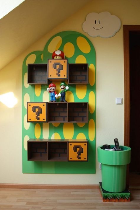 Cool Kids Bookshelves for Mario Themed Room - Kidsomania Mario Room Decor Diy, Nintendo Themed Room, Mario Nursery Theme, Mario Theme Room, Mario Kart Room, Mario Bedroom Ideas Boys, Mario Room Ideas Boys, Mario Themed Bedroom, Super Mario Bedroom