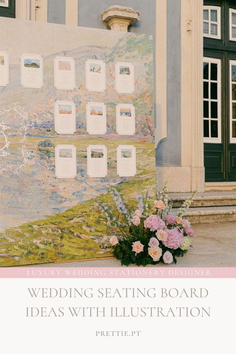 Wedding Seating Board Ideas With Wedding Illustration | Iris & Dominic's fairytale wedding in Portugal was adorned with unique wedding stationery, unique wedding seating chart ideas and bespoke wedding signage. Discover ballroom wedding reception with romantic wedding table decorations and wedding menu cards for your dream wedding. Contact us now at prettie.pt to create your dream wedding invitation & wedding stationery truly memorable. Watercolor Wedding Seating Chart, Plane Ticket Seating Chart, Seating Chart Wedding Creative, Stained Glass Seating Chart, Italy Wedding Seating Chart, Oil Painting Seating Chart, Hand Painted Seating Chart, Map Wedding Seating Chart, Romantic Wedding Seating Chart