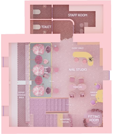 Pastel Salon Interior, Nail Salon Layout Ideas Floor Plans, Cozy Nail Salon, Nail Salon Floor Plan, Beauty Salon Plan, Pink Nail Room, Salon Layout Ideas Floor Plans, Nail Salon Layout, Mini Salon Ideas