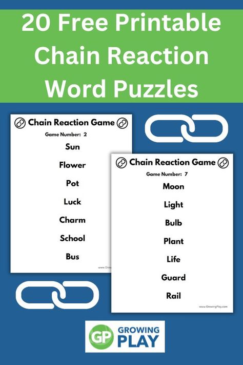 Chain Reaction Word Game - Free Printable - Growing Play Blank Slate Game Word List, Chain Reaction Game, 25 Words Or Less Game Diy, Word Chain Activity, Chain Reactions For Kids, English Speaking Game, Printable Word Games, Two Word Phrases, Word Games For Kids