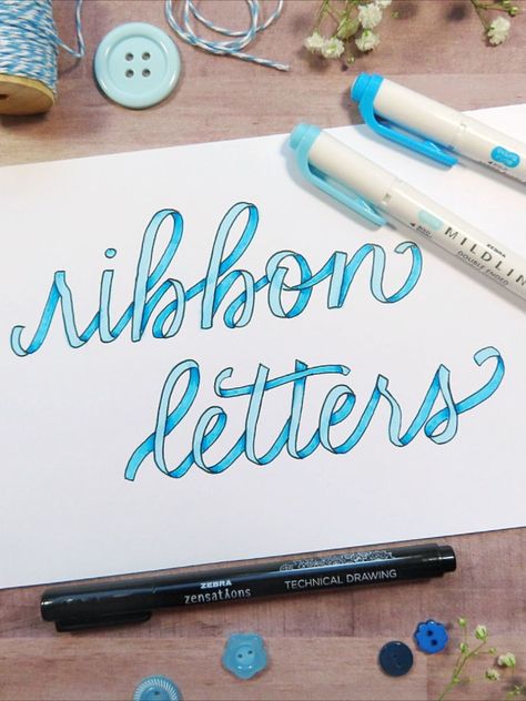 Learn how to create beautiful, three-dimensional calligraphy with this ribbon lettering technique by Zebra Artist Ambassador JoAnne Ovenell. Ribbon Lettering Alphabet, Ribbon Calligraphy Alphabet, Lettering Alphabet Handwritten, Zebra Midliners, Calligraphy Ribbon, Ribbon Calligraphy, Ribbon Lettering, Bullet Journal Hand Lettering, Ribbon Font