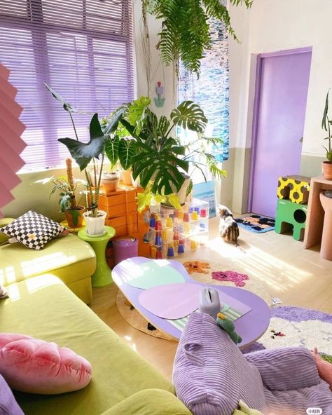 Cutesy Apartment Aesthetic, Funky Closet Ideas, Maximalism Furniture, Colorful Floor Lamp, Danish Pastel Living Room, Colorful Room Ideas, Colorful Terrace, Funky Retro Aesthetic, Colorful Apartment Aesthetic