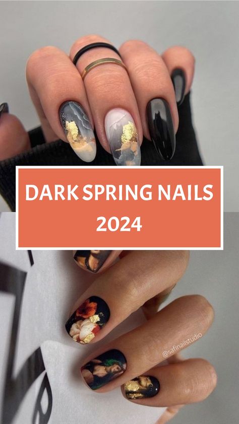 Dark Spring Nails 2024 Dark Spring Nails 2024, Nail Designs Unique Different, Alternative Spring Nails, Black Nails For Spring, Dark Floral Nail Art, Moody Summer Nails, Navy Spring Nails, Nail Art With Foil Flakes, Moody Spring Nails