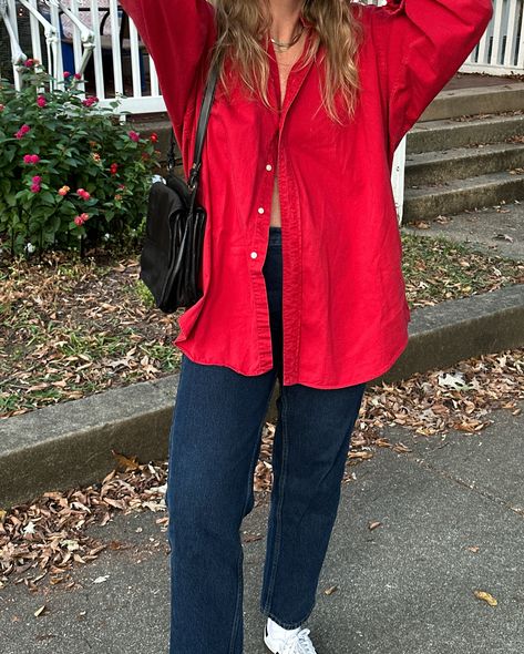 the perfect red button up 🙌🏼 @badtouristvintage Fall outfit ideas, fall style inspo, vintage style, oversized shirt, sustainable style Red Linen Shirt Outfit, Red Button Up Outfit, Red Button Down Shirt Outfit, Vintage Button Up Shirt Outfits, Open Button Down Shirt Outfit, Red Button Up Shirt Outfit, Red Oversized Shirt, Oversized Button Up Shirt Outfit, Style Inspo Vintage