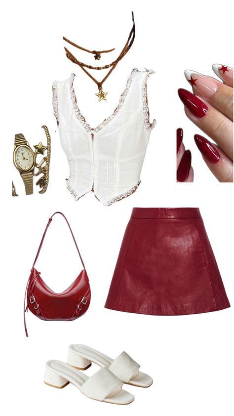 Red leather skirt, sandal heels, red purse, french tip red, frill white tank, gold jewlery stacked Red Leather Skirt Outfit, French Tip Red, Red And White Outfits, Red Leather Skirt, Leather Skirt Outfit, Heels Red, Gold Outfit, Red Purse, Model Outfits