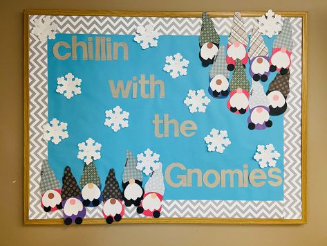 Winter Bulletin Boards For Daycare, January Bulletin Board Ideas For Work, Winter Boards Bulletin, Winter Staff Bulletin Board, Winter Boards, Gnome Christmas Bulletin Board Ideas, Winter Board, Winter Themed Doors For School, Chillin With My Gnomies Bulletin Board