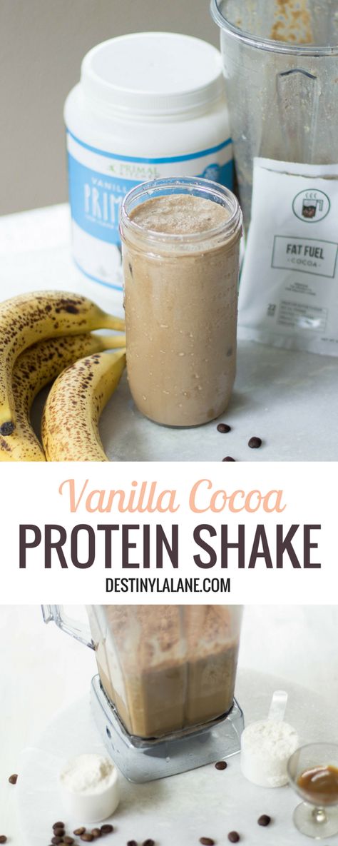 A simple protein shake with coffee, cocoa and vanilla powder | destinylalane.com Vanilla Protein Shake Recipes, Protein Powder Recipes Shakes, Vanilla Protein Shake, Easy Protein Shakes, Chocolate Protein Shake, Peanut Butter Protein Shake, Banana Protein Shake, Protein Powder Smoothie, Vegan Protein Shake