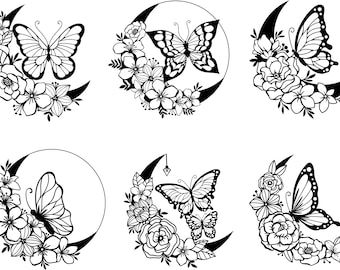 Celestial Mandala Svg | Etsy Roses And Butterfly Drawing, Butterfly And Rose Tattoo Stencil, Rose With Butterfly, Half Butterfly Half Flower Stencil, Celestial Mandala, Butterfly And Flower Stencil, Floral Crescent Moon, Moon Decal, Moon Svg