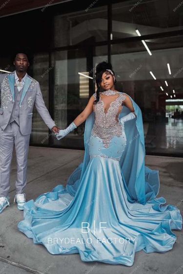 Prom Cinderella Dress, Light Blue Prom Dresses Black Women, How To Make A Prom Dress, Disney Prom Dresses Princesses, Prom Color Ideas, Hood Prom, Prom Dresses With Cape, Prom Dress With Cape, Light Blue Prom Dresses