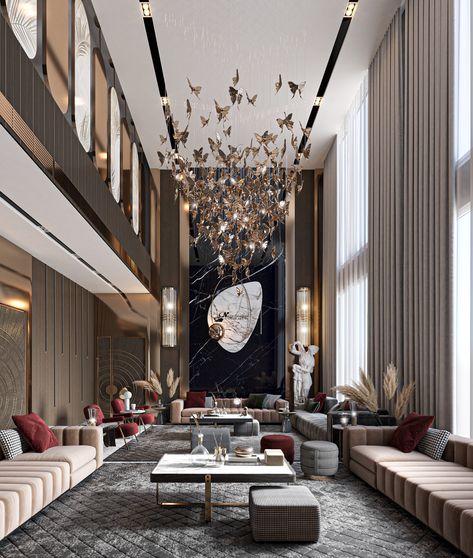 LUXURY DOUBLE HEIGHT on Behance Double Height Living Room, Luxury Apartments Interior, High Ceiling Living Room, Double Height, Luxury Living Room Design, Lobby Design, Design Room, Living Room Design Decor, Elegant Living Room