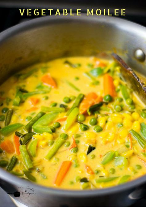 Vegetable Moilee, Kerala Vegetable moilee, Moilee with veggies South Indian Vegetable Curry, Kerala Vegetarian Recipes, Indian Accompaniments, Kerala Food Recipes, Kerala Meals, Idiyappam Recipe, Kerala Curry, Veg Korma, Indian Vegetable Curry