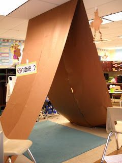 Create a tent using bulletin board paper---hang from ceiling!  (Other ideas in blog post too!) Camping Preschool, Camp Read, Camping Classroom, Bulletin Board Paper, Camping Theme Classroom, Summer Preschool, Camping Party, Vacation Bible School, Classroom Design