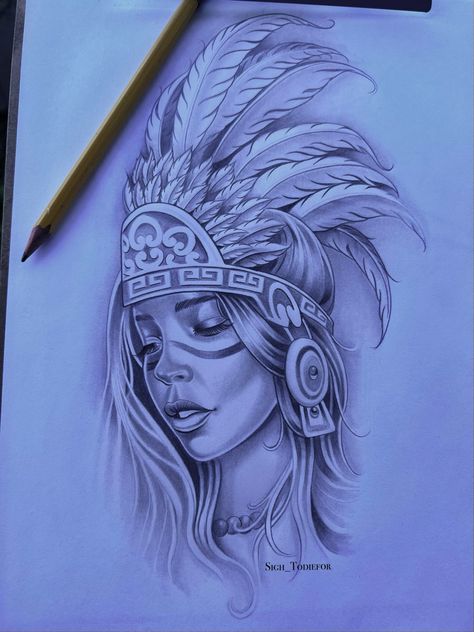 Aztec Female Tattoo, Tarahumara Tattoo, Aztec Drawing Sketches, Aztec Girl Tattoo, Aztec Art Drawings, Aztec Princess Tattoo, Tato Realis, Native Drawings, Aztec Drawing