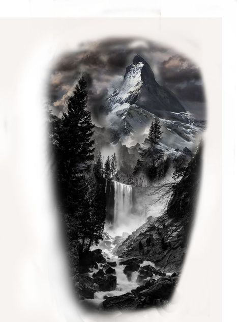 Landscape tattoos & designs Limited Availability at New Testament Tattoostudio Tree Scenery Tattoo, Wolf Scenery Tattoo, Scenic Mountain Tattoo, Forest Design Tattoo, Water And Tree Tattoo, Realism Mountain Tattoo, Forest Back Tattoo, Wilderness Tattoos For Men, Forearm Forest Tattoo