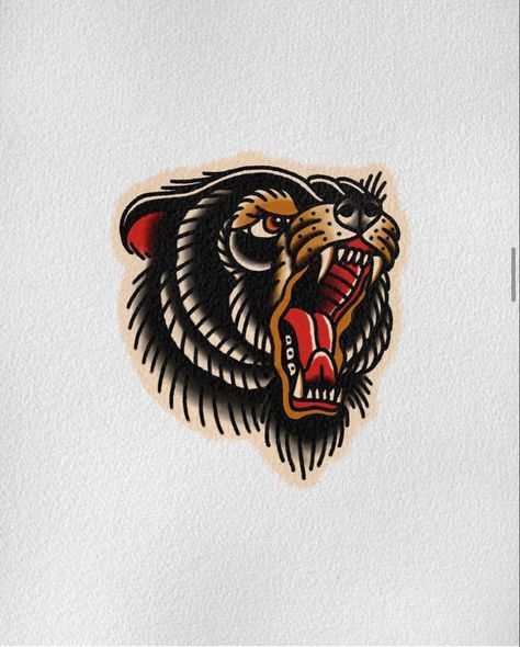 Traditional Tattoo California, Lion Tiger Bear Tattoo, Heavily Tattooed Man, Owl Knee Tattoo, Animal Tattoos Traditional, Old School Bear Tattoo, Traditional Bear Head Tattoo, Trad Bear Tattoo, American Traditional Arm Tattoo