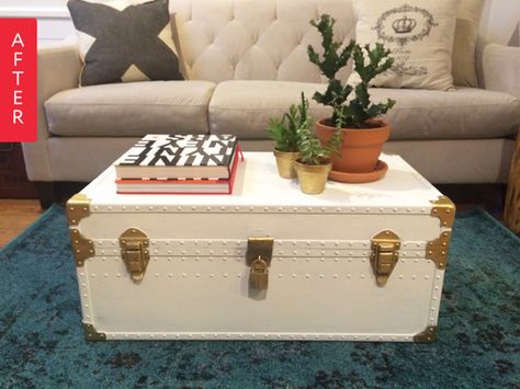 Before & After: Free Trunk Turned Coffee Table | Apartment Therapy Steamer Trunk Makeover, Trunk Redo, Table Apartment, Trunk Makeover, Trunk Table, Metal Trunks, Painted Trunk, Coffee Table Trunk, Trunks And Chests