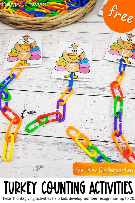 These FREE turkey counting activities help kids learn to identify and count numbers up to 20. They include some hands on popsicle stick counting mats and number cards to use with counting links. Perfect for Pre-K, Preschool or Kindergarten math centers. #thanksgivingactivities #turkeyactivities #mathcenters #prekmath #kindergartenmath #preschoolmath #turkeymath #thanksgivingmath #homeschool #countingactivities #numberrecognition Animal Counting Activities Preschool, Math And Literacy Activities Preschool, Count And Graph Kindergarten, Cardinality Activities Preschool, Thanks Giving Activity For Kindergarten, Gingerbread Pre K Activities, Thanksgiving Science Center Preschool, Thanks Giving Math Activity, Thanksgiving Art For Prek