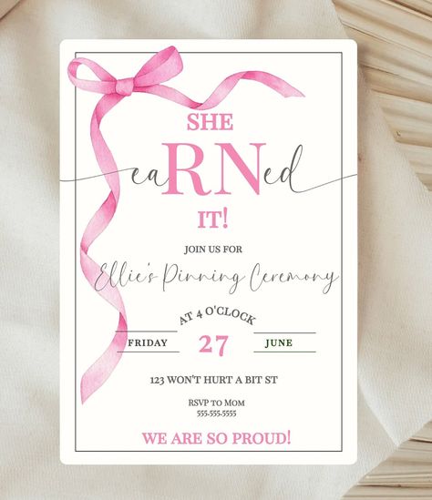 CREATE YOUR OWN BUNDLE FOR THIS INVITE: https://peachykeeneventco.etsy.com/listing/1701081413   Wicked proud of you (yes I know I don't know you)- nursing school was hardcore. Great job, and welcome to the profession (I've been an RN foreverrrrr If you're looking for a coquette RN grad announcement, you found it! Tell the world about your HUGE achievement with my super cute pink bow nurse graduation invitations for your Class of 2024. This pretty pink bow grad invite is lovely for inviting peopl Nursing Graduation Cap Bible Verse, Pinning Ceremony Invitations, Nurse Graduation Invitations Ideas, Nursing Grad Decorations, Nursing Grad Invitations, Nurse Themed Graduation Party Cute Ideas, Registered Nurse Graduation Party, Nurse Graduation Invitations, Nursing Graduation Invitations