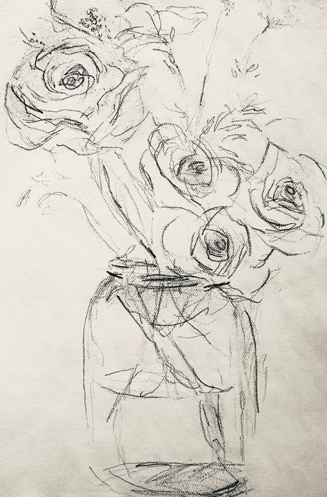 Digital image of floral sketch using pencil. Draw Ideas Pencil, Metal Art Pencil, Roses Pencil Drawing, Creative Flower Drawings, Sketch Book Flowers Drawing, A Drawing Of A Flower, Pile Of Flowers, Flowers In Vase Sketch, How To Draw Flowers In A Vase