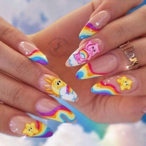 Kidcore Nail Art, Carebears Nail, Kidcore Nails Simple, Sweet Tart Nails, Care Bare Nails, Rainbow Bright Nails, Carebear Nails Designs, Care Bear Nail Designs, Squishmellow Nails