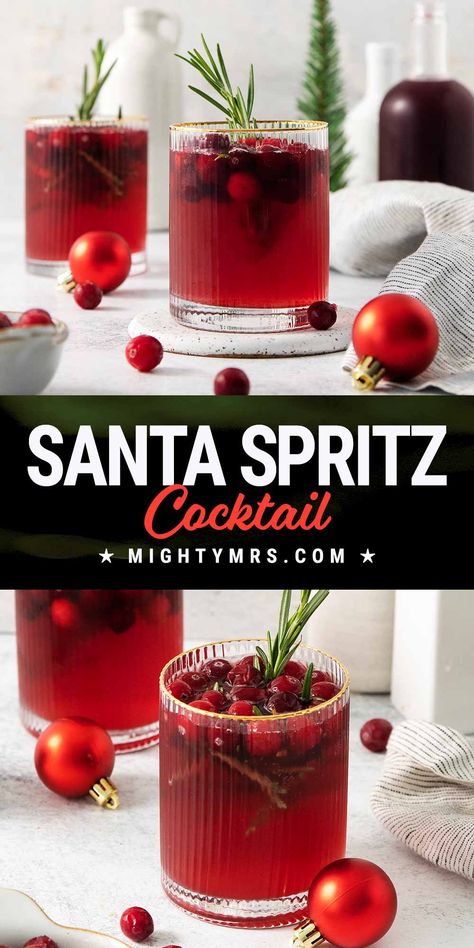 Santa Spritz Christmas Cocktail Red Christmas Drinks For Adults, Christmas Dishes To Bring To A Party, Red Christmas Cocktails Holiday Drinks, Christmas Themed Party Food Ideas, Snowball Drink Cocktails, Fruity Drinks With Vodka, Christmas Ornament Drink Recipe, Red Holiday Cocktails, Frozen Cranberries For Drinks