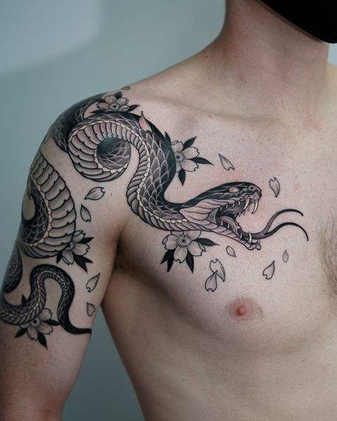 No color snake chest/arm half sleeve Dragon Tattoo Shoulder, Cobra Tattoo, Tattoo Snake, Serpent Tattoo, Cute Tattoo, Mens Shoulder Tattoo, Snake Tattoo Design, More Tattoo, Shoulder Arm Tattoos