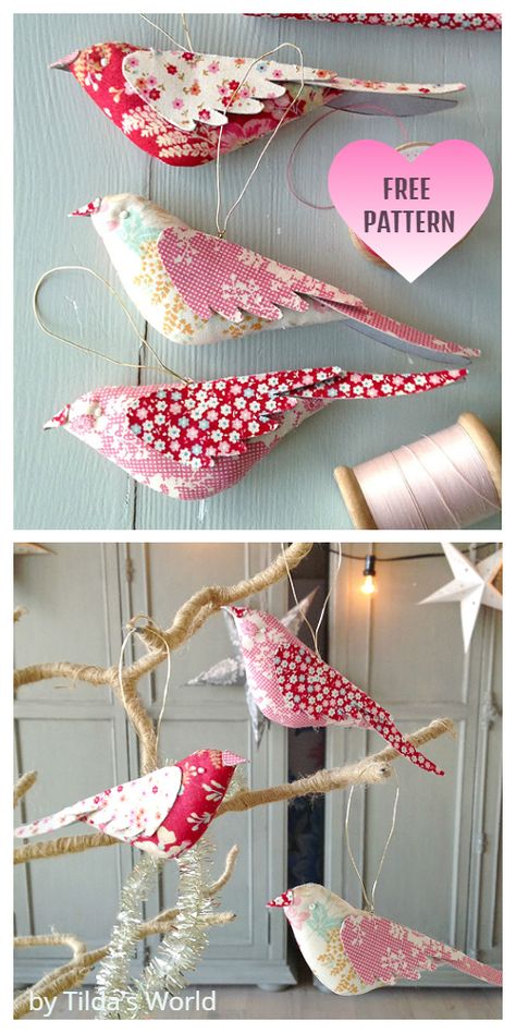 8 DIY Quilt Fabric Bird Free Sewing Patterns | Fabric Art DIY Diy Quilted Christmas Ornaments, Fabric Art Diy, Fabric Bird, Christmas Fabric Crafts, Fabric Crafts Diy, Diy Fabric Crafts, Scrap Fabric Crafts, Scrap Fabric Projects, Folded Fabric Ornaments