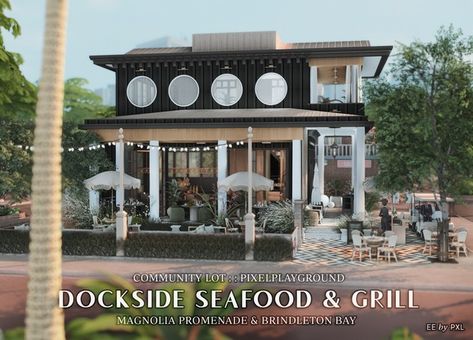 DOCKSIDE SEAFOOD & GRILL - BUILD for TS4 ❤ | Patreon Sims 4 Airbnb, Sims 4 Seafood Restaurant, Sims 4 Brindleton Bay Restaurant, Brindleton Bay Sims 4, Sims 4 Gallery Lots, Sims 4 Restaurant Build, Sims Lips, Sims Gallery, Sims 4 Restaurant