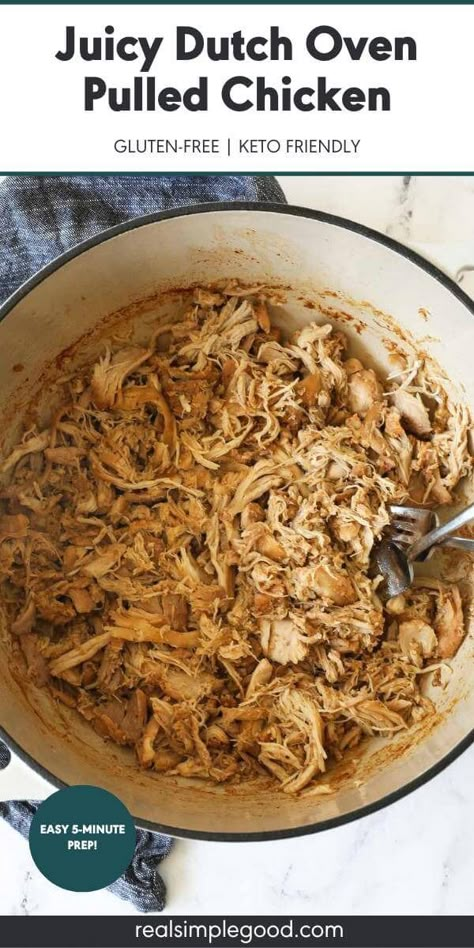 Juicy, Shredded Dutch Oven Pulled Chicken - Real Simple Good Oven Pulled Chicken, Air Fryer Pulled Pork, Dutch Oven Pulled Pork, Ground Beef And Vegetables, Pulled Pork Oven, Pulled Chicken Recipes, Dutch Oven Chicken, One Pan Recipes, Pork Seasoning