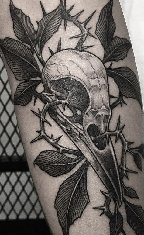 Crow Knee Tattoo, Gothic Crow Tattoo, Crow Sleeve Tattoo, Small Dark Tattoos, Crow Skull Tattoo, Raven Skull Tattoo, Around Knee Tattoo, Rat Skull, Bird Skull Tattoo