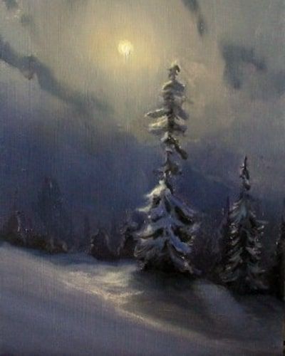 Snow Night Painting, Night Snow Painting, Winter Night Painting, Snow Landscape Painting, Painting Night, Night Sky Painting, Painting Snow, Winter Painting, Art Idea