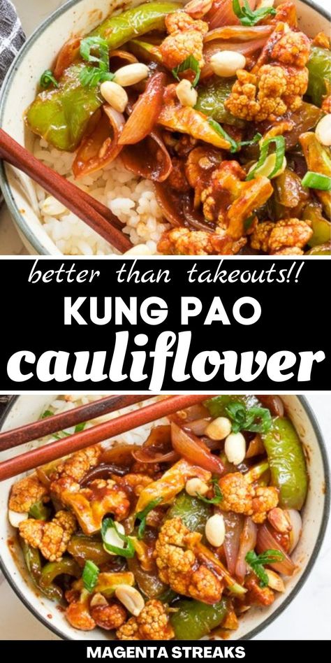 Sharing my healthier twist on a classic Asian dish with this better than takeout Vegan Kung Pao cauliflower recipe.This Kung Pao Cauliflower is super easy to make with simple ingredients. Better than any take-out and packed with amazing flavor. It's a 15 minute meal which even the pickiest kids will eat and no one will taste it is vegan. Whether plain or served over rice this is a keeper. #asianrecipes #kungpao #cauliflowerrecipe #healthy #homemade Vegan Kung Pao, Kung Pao Cauliflower, Kung Pao Chicken Recipe, Asian Dish, Healthy Asian Recipes, Authentic Asian Recipes, Chocolate Brownie Cookies, Chicken Alfredo Recipes, Better Than Takeout