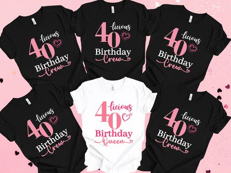 Introducing our 40th Birthday crew shirts, the ultimate way to celebrate this milestone together! These cute 40th party tees are designed to unite your group in a fun and memorable fashion statement.  Crafted from high-quality fabric, these matching 40th shirts offer a comfortable fit for everyone in your group. The sleek design showcases a bold "40th" message, proudly displaying your shared celebration. With various sizes available, each member can find their perfect fit, ensuring a cohesive an 40th Tshirt Ideas, 40th Birthday Group Shirts, 40th Birthday Tshirts Woman, 40 Birthday Outfit For Women, 40th Birthday Shirts For Group, 40 Birthday Shirts, 40th Birthday Tshirts, Birthday Shirts Womens, 40th Birthday Themes For Women