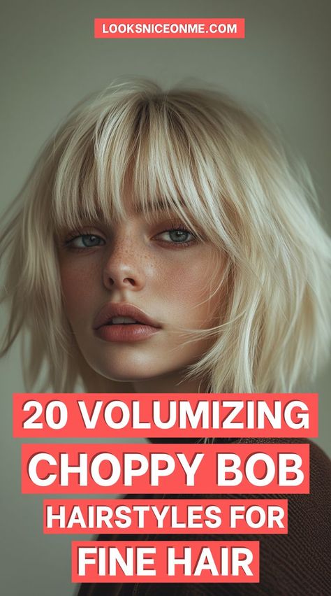 Get that full-bodied look with a choppy bob! These textured layers create natural volume and movement, making fine hair look thick and lively. Perfect for a stylish, low-maintenance cut! #ChoppyBob #FineHairStyles #TexturedBob Layered Textured Bob Hairstyles, Fine Hair Choppy Bob, Shaggy Bob Hairstyles Straight Hair, Styling Choppy Bob How To, Short Layered Blonde Hair Shaggy Hairstyles, More Volume Haircut, Inverted Shaggy Bob With Bangs, Choppy Bob Hairstyles With Bangs Shoulder Length, Funky Bob Hairstyles New Looks