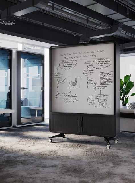 A modern, portable office partition that can be customized with a felt panel, TV wall or dry erase board on either of the two sides. Creative Office Partition Ideas, Low Height Partition Design For Office, Flexible Office Furniture, Exhibition Partition, Office Partition Ideas, Flexible Partition, Agile Workspace, Office Partition Design, Office Divider