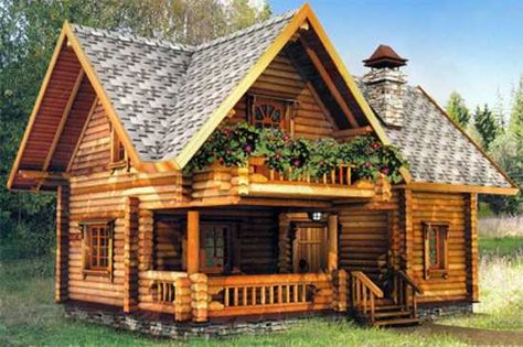 Love this Small Cottage Garden Design | small cottage with balcony. Log Cabin House, Wooden House Design, Small Log Cabin, Bangunan Minecraft, Small Cottages, Wooden Cottage, Cabin House, Cottage Garden Design, Log Cabin Homes