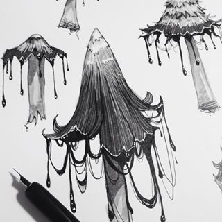 If there was ever a mushroom that represented Inktober perfectly, it would be this one! Despite looking pretty macabre, the Inky Cap mushroom is actually edible 😳🍄....#inktober #inktober2017 #ink #fungus #nature #wildlifeillustration #shroomtober #inkycapmushroom #plants #inky #macabre #halloween #artistsofinstagram #creative @sakuraofamerica #sakurainktober #illustration #blackandwhite #art #artwork #handdrawn Inkcap Mushroom, Fashion Illustration Inspiration, Illustrated Mushrooms, Spore Print, Macabre Halloween, Fungi Illustration, Mushroom Pictures, Mushroom Tattoos, Mushroom Drawing