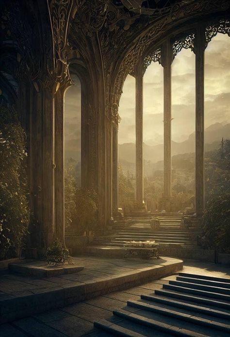 Fantasy Land Aesthetic, Fantasy Training Grounds, Rivendell Wallpaper, Fantasy Hallway, Fantasy Palace Aesthetic, Fantasy City Aesthetic, Light Fantasy Aesthetic, Rivendell Aesthetic, Fantasy Castle Aesthetic