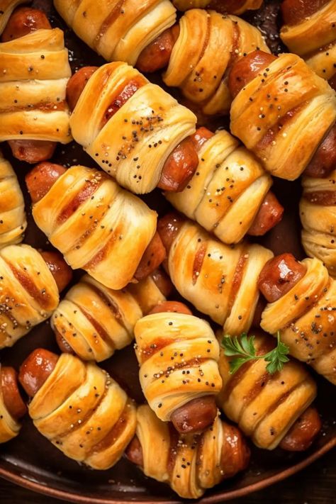 Glazed Pigs In A Blanket, Veggie Delight, Food Appetizers, Pigs In A Blanket, Picnic Food, Sweet And Savory, Crescent Rolls, Party Stuff, Food App