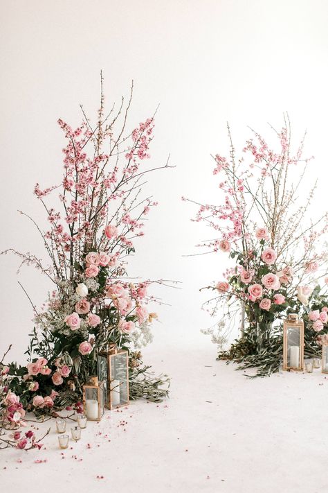 Think Pink! Natural Spring Wedding Inspiration With Cherry Blossoms Wedding Centerpieces With Branches, Flower Arch Photoshoot, Free Standing Arch Wedding, Blush Pink Wedding Arch, Free Standing Floral Arch, Spring Wedding Floral Arch, Spring Wedding Arch Ideas, Pink Ceremony Flowers, Free Standing Wedding Arch