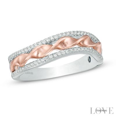 Vera Wang Love Collection 0.13 CT. T.W. Diamond Ribbon Band in Sterling Silver and 14K Rose Gold - Size 6.5 - Peoples Jewellers Fancy Diamond Ring, Diamond Ribbon, Fancy Rings, Ring Trends, Peoples Jewellers, Gold And Silver Rings, Anniversary Jewelry, Local Jewelry, Fancy Diamonds